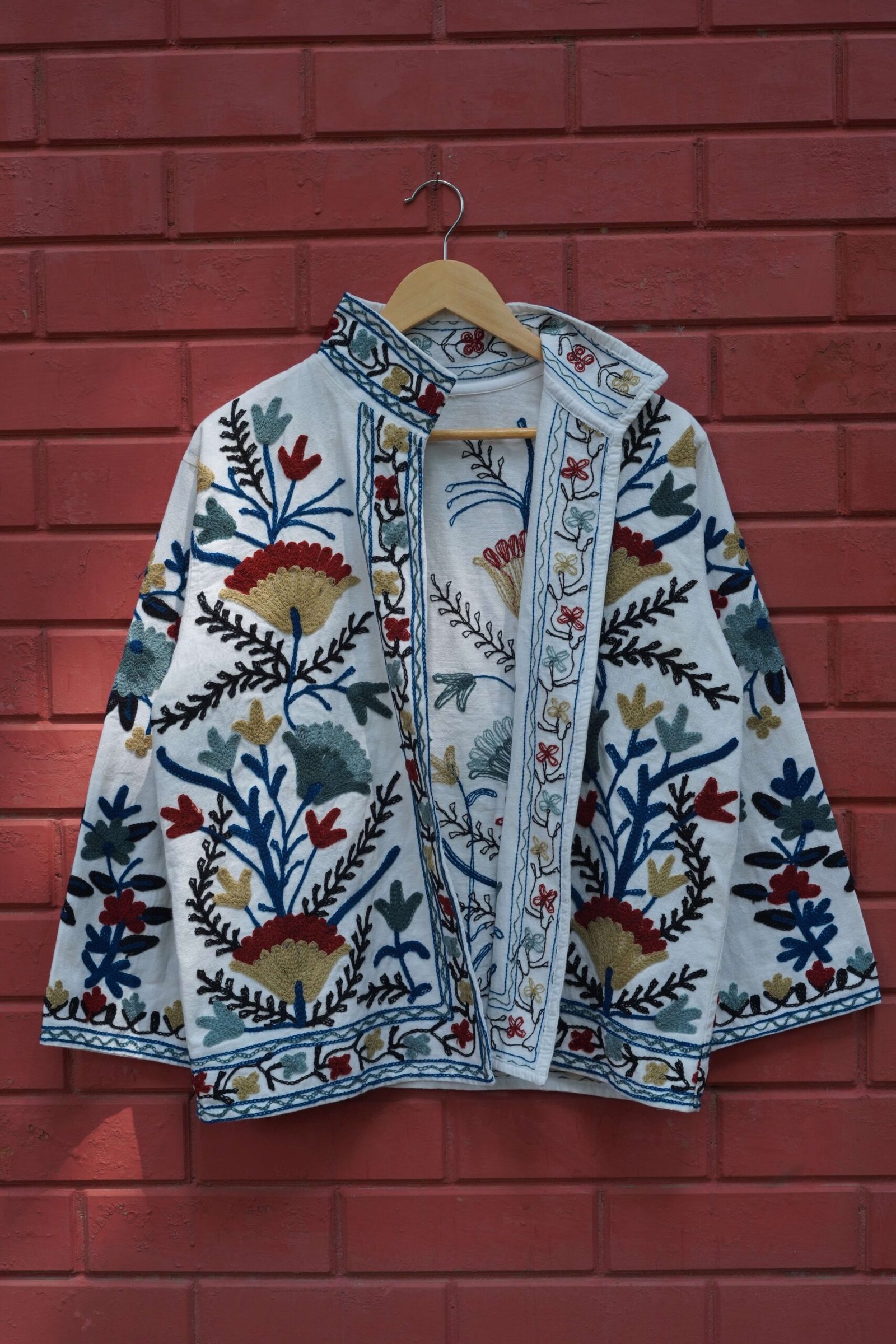 Womens White Velvet Embroidered Jacket with Floral Design